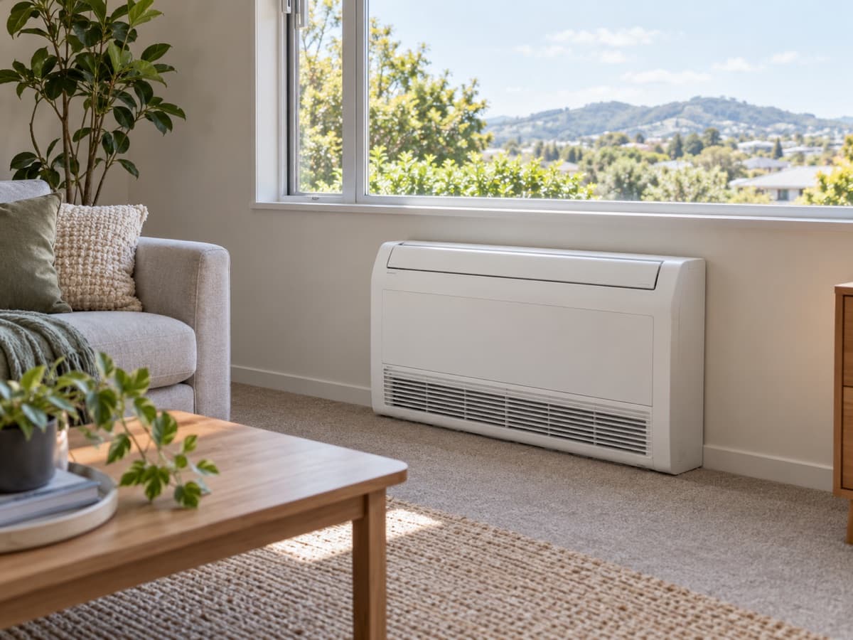 Floor-console heat pump beneath a window