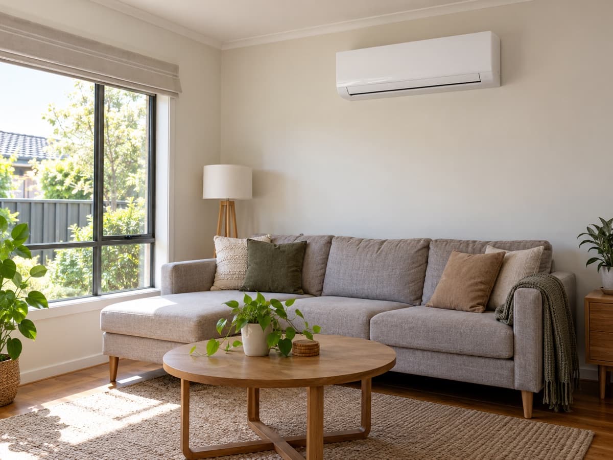 Wall-mounted heat pump above a living-room sofa