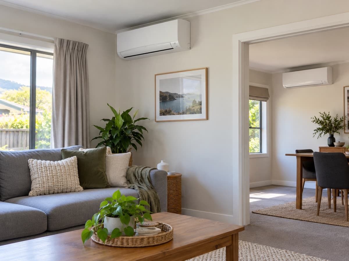 Wall-mounted heat pumps serving rooms in a home