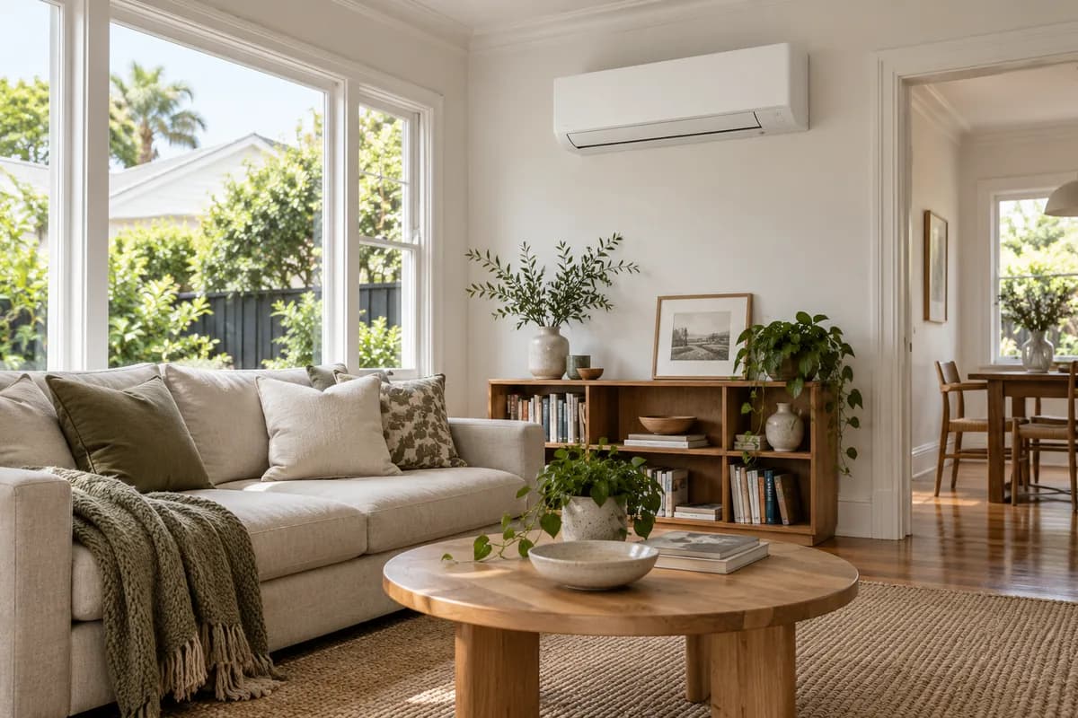 A high-wall heat pump in a bright Auckland living room