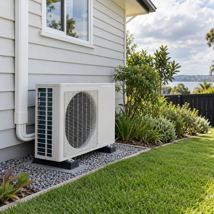 Outdoor heat pump beside an Auckland home