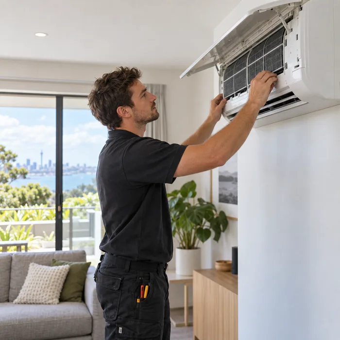 Installer servicing a wall-mounted heat pump